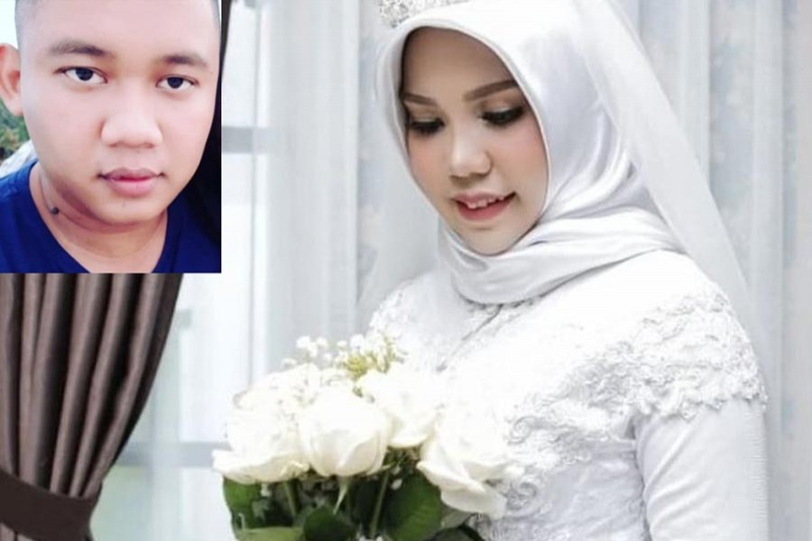 Intan Syari in her wedding picture as her fiancee Rio Nanda Pratama (inset) died in plane crash — BBC