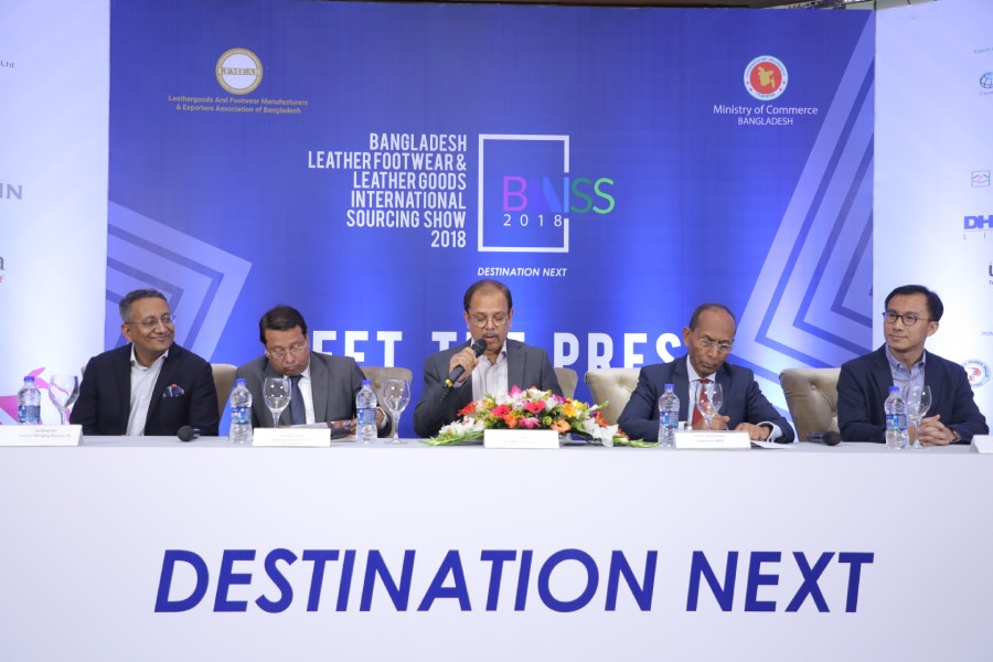 Leathergoods and Footwear Manufacturers and Exporters Association of Bangladesh (LFMEAB) President Md Saiful Islam addressing a press conference at a city hotel on Saturday, announcing the schedule of a three-day expo titled 'Bangladesh Leather Footwear and Leather Goods International Sourcing Show (BLLISS) 2018' that begins in the city on Thursday. Executive Chairman of Bangladesh Investment Development Authority (BIDA) Kazi M. Aminul Islam and Senior Secretary of commerce ministry Shubhashish Bose were present, among others