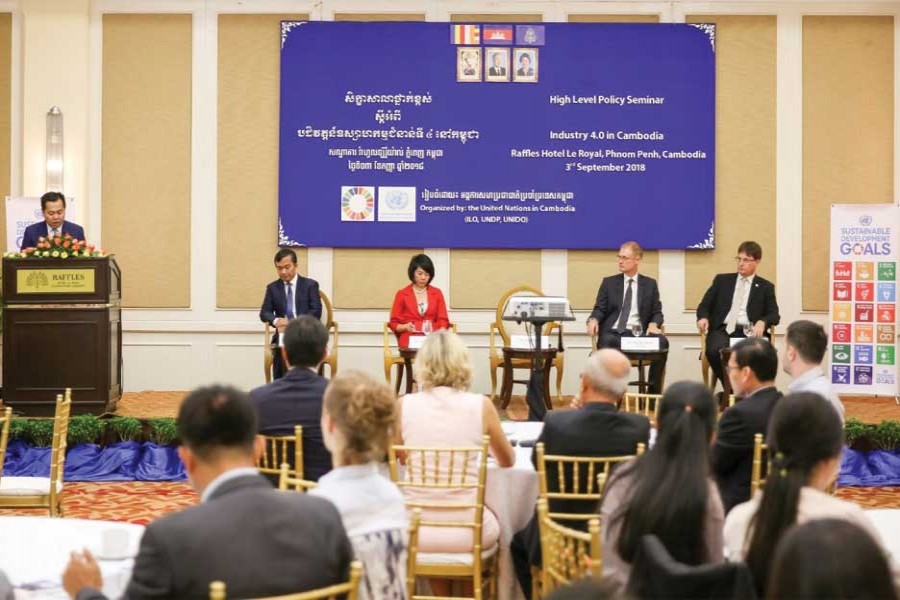 The UN Development Programme (UNDP), the United Nations Industrial Development Organisation (UNIDO) and International Labour Organisation (ILO) jointly organised a high-level seminar in Phnom Penh on September 03, 2018 to discuss and identify main policy gaps and develop key recommendations that should facilitate Industry 4.0 in Cambodia. —UNDP