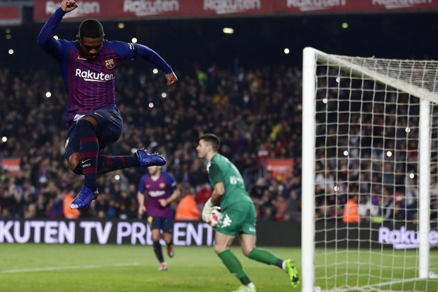 Malcom celebrating after scoring a goal during a Copa del Rey football match between FC Barcelona and Cultural Leonesa at the Camp Nou stadium at Barcelona in Spain on Wednesday — AP