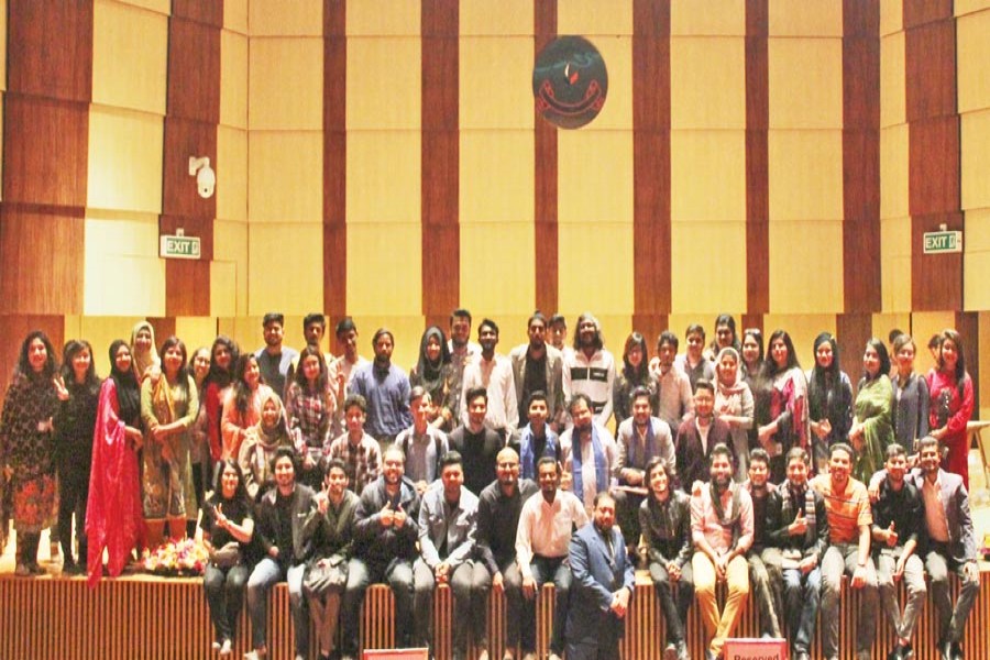 Independent University, Bangladesh Debating Club (IUBDC) members and alumnus during award giving ceremony for United Asian Debating Championship (UADC)