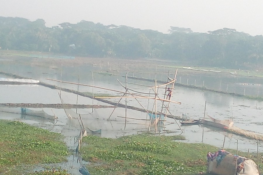 A fisherman setting up a trap to catch fish in the Pachuar canal at Golabaria under Gopalganj Sadar on Wednesday — FE Photo