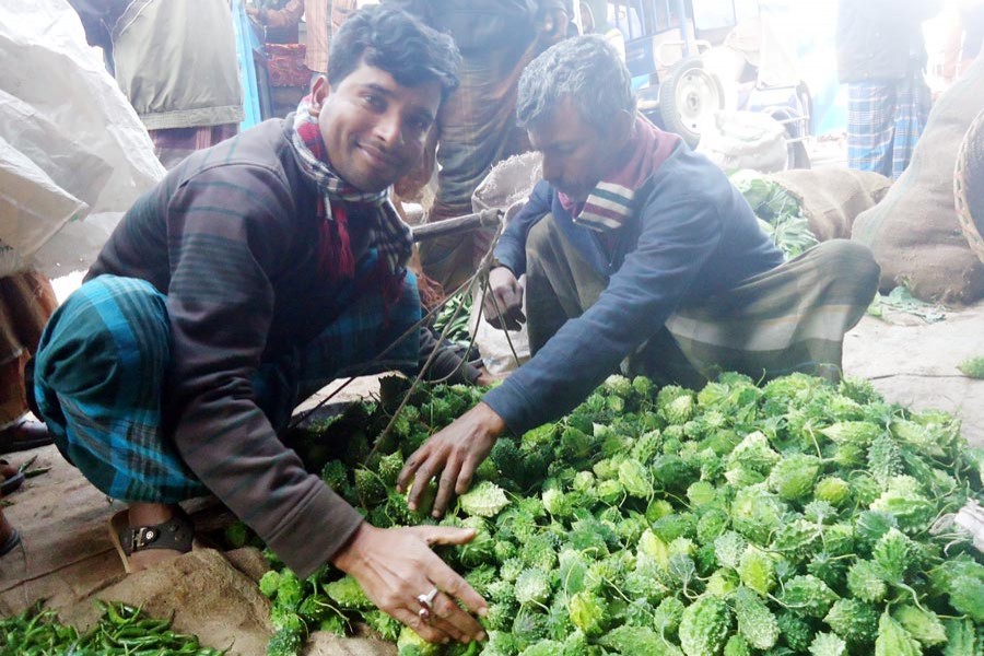 A bitter gourd seller waiting for buyers on Dhaka Road in Magura town — FE Photo