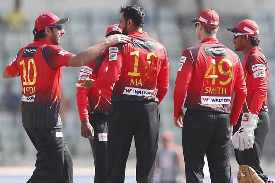 Players of Comilla Victorians celebrating after win over Sylhet Sixers at Sher-e-Bangla National Cricket Stadium in the city on Sunday — UNB Photo