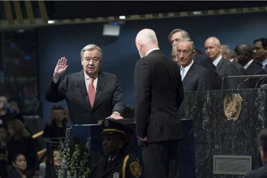 António Guterres takes the oath of office for his five-year term as UN Secretary-General on December 12, 2016. — UN Photo/Mark Garten