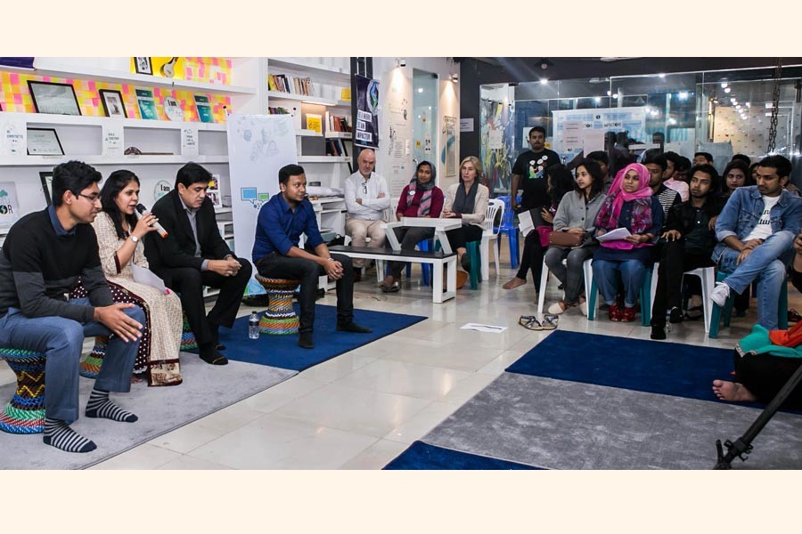Zahid Amin, Imtiaz Kasem and Ridwan Hafiz are seen along with others during 'Correcting Course' session of 'Boithok', a knowledge-sharing forum of Toru Institute of Inclusive Innovation