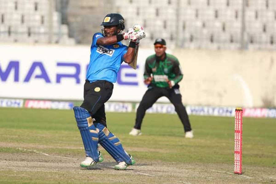 Abahani's Jahurul Islam playing a shot against Mohammedan in the Dhaka Premier Division Cricket League at Sher-e-Bangla National Cricket Stadium in the city on Monday — bdnews24.com