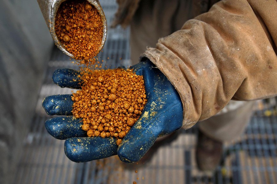 A process operator holding a handful of dried distillers grains, a protein animal feed that can be fed to livestock, at the GreenField Ethanol plant in Chatham, Canada — Reuters
