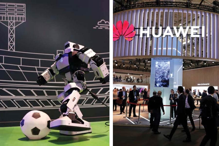 (left) A robot kicks a soccer ball inside a Huawei booth at the Mobile World Congress in Barcelona, Spain, on February 25, 2019; Visitors walk next to the Huawei booth at the Mobile World Congress in Barcelona, Spain on February 27, 2019 (right) . — Photos: Reuters