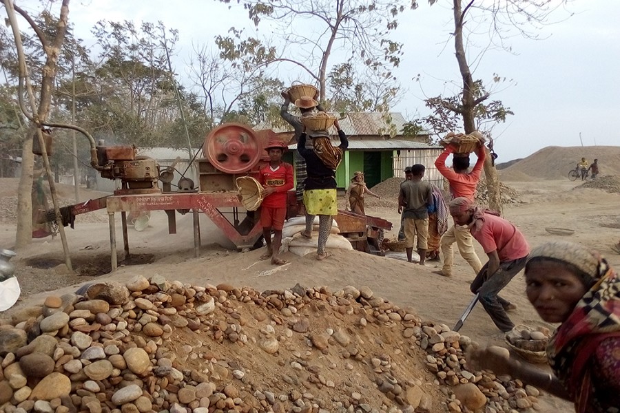 A view of a stone crusher unit set in the Saheb Bazar area of Sylhet Sadar upazila — FE Photo