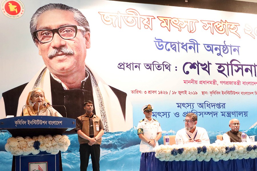 Prime Minister Sheikh Hasina addressing the inaugural function of the National Fisheries Week 2019, held at the auditorium of Krishibid Institution Bangladesh (KIB) in the capital — Focus Bangla photo