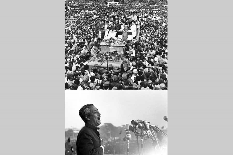 (Top) Hundreds of thousands of people welcome Bangabandhu Sheikh Mujibur Rahman on his home-coming on January 10, 1972; (bottom) emotion takes over him while addressing at the Suhrawardy Udyan. - Photo courtesy: Rashid Talukder (top); Marilyn Silverstone (bottom) via the Internet