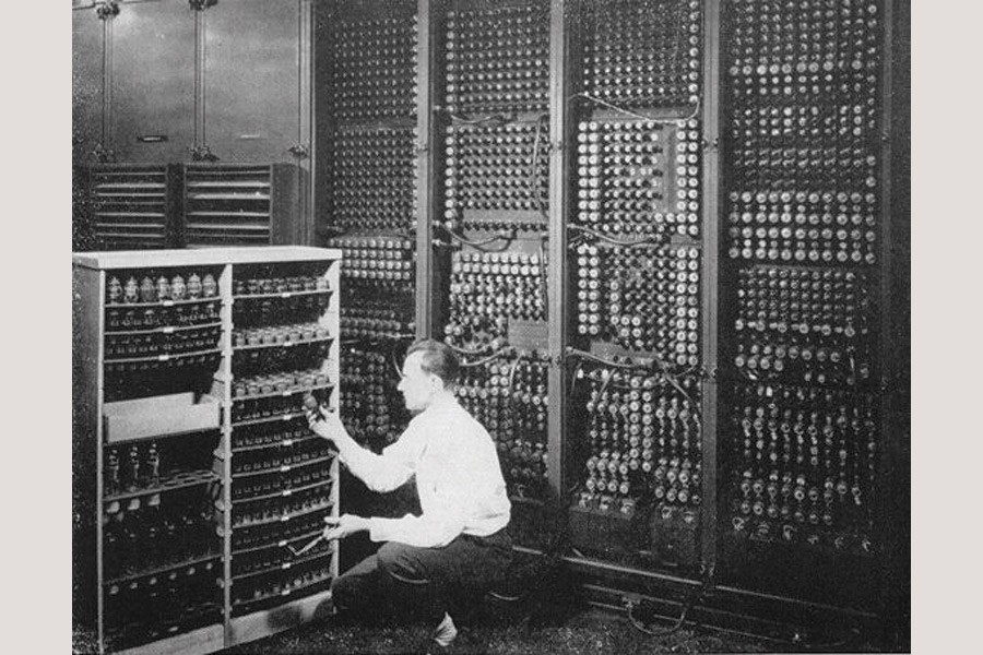 Replacing a bad tube meant checking among ENIAC's 19,000 possibilities. —Photo courtesy: Wikipedia