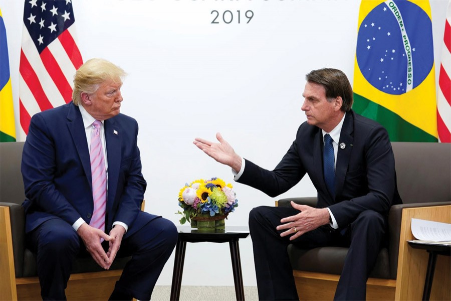 Brazil's President Jair Bolsonaro (right) and US President Donald Trump talk during a bilateral meeting at the G20 leaders summit in Osaka, Japan on June 28, 2019. —Photo: Reuters