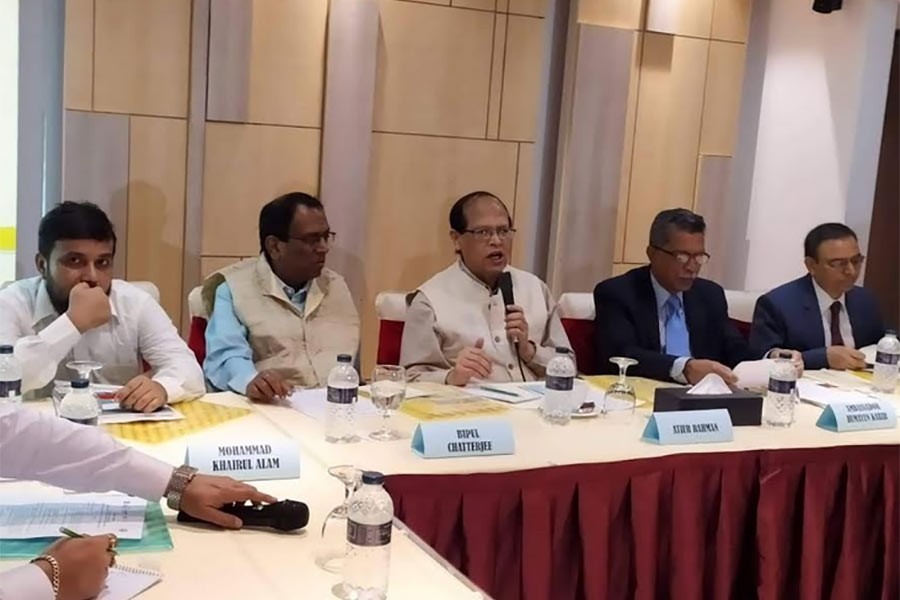 Chairman of Unnayan Shamannay Dr Atiur Rahman speaking at a programme titled “Connectivity and Trade Facilitation in the BBIN Sub-region of the Indo-Pacific” at a hotel in the city on Wednesday.