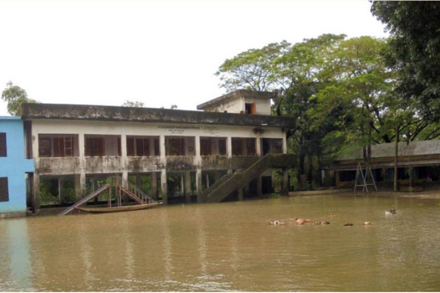 Inundated playground of Berajali Government Primary School in Sunamganj Sadar upazila — FE Photo