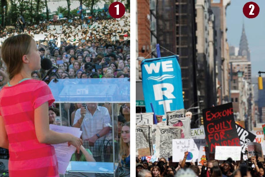 (1) Swedish teenage climate activist Greta Thunberg, centre, speaks during the Climate Strike on February 20, 2019 in New York. Photo: AP I (2) Activists march down Broadway in lower Manhattan as they take part in a demonstration as part of the Global Climate Strike in New York last on September 20, 2019. Photo: Reuters