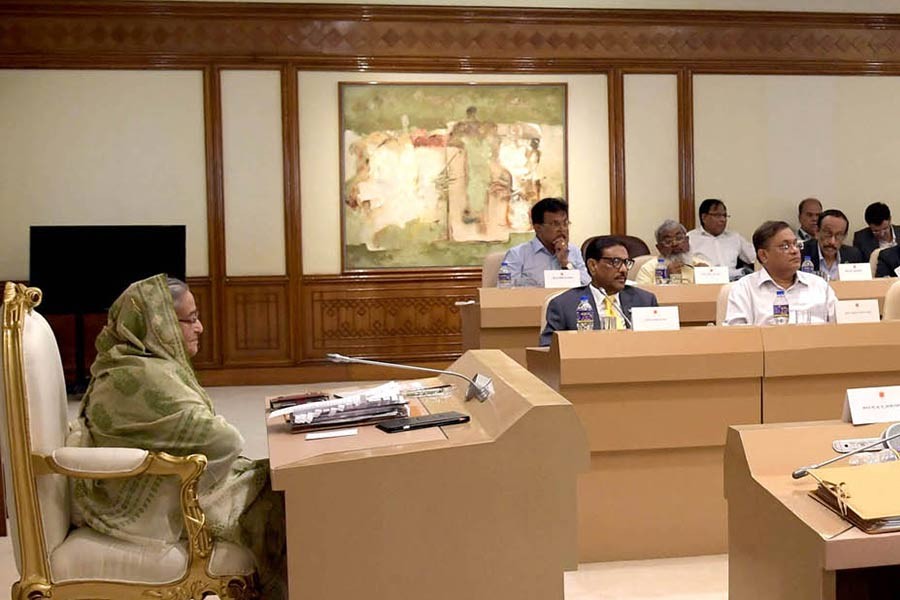 Prime Minister Sheikh Hasina presiding over the cabinet meeting at her office on Monday. -PID Photo