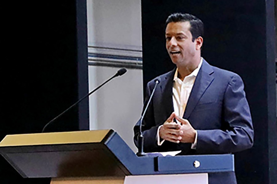 Prime Minister’s ICT Affairs Adviser Sajeeb Wazed Joy addressing a ceremony at ICT Tower at Agargaon in Dhaka on Sunday. -Focus Bangla Photo