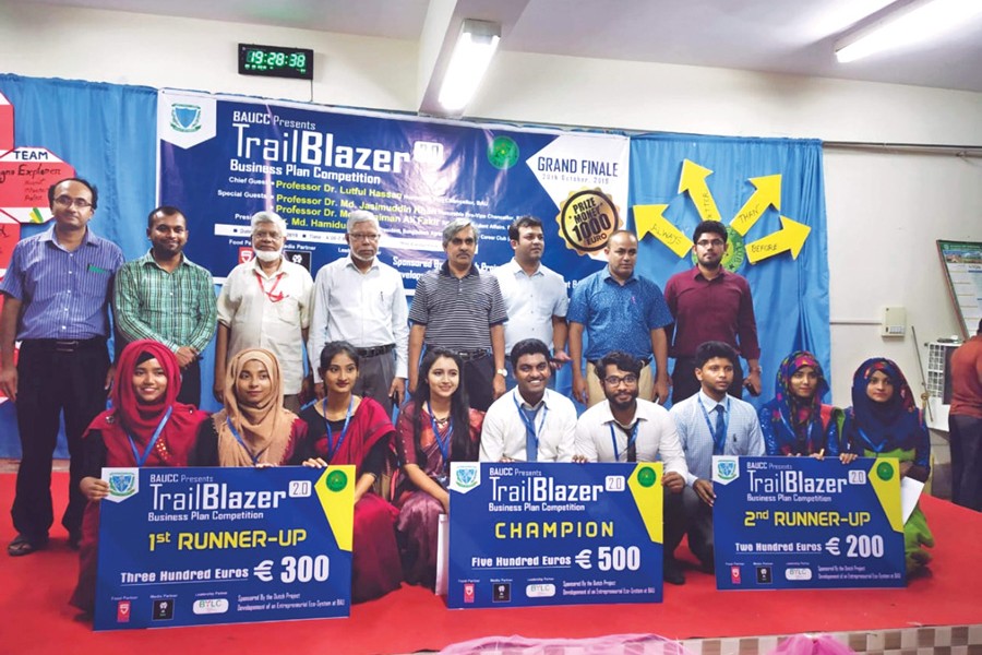 Winners, guests and judges of TrailBlazer 2.0--arranged by Bangladesh Agricultural University Career Club (BAUCC) in a single frame