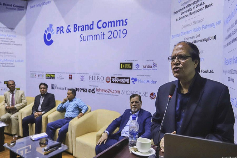 Former governor of Bangladesh Bank Dr Atiur Rahman speaking at an event on "PR & Brand Comms Summit-2019" at the Krishibid Institution, Bangladesh (KIB) auditorium in the city on Saturday. — Focus Bangla Photo