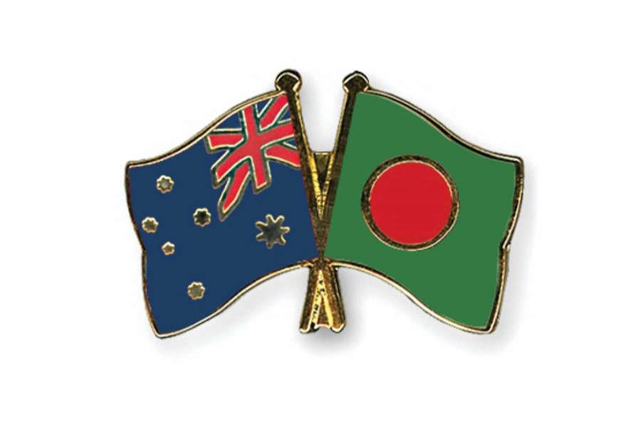 Flags of Bangladesh and Australia are seen cross-pinned in this photo symbolising friendship between the two nations