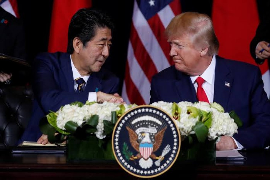 Japan's Prime Minister Shinzo Abe shakes hands with US President Donald Trump during a signing ceremony on the sidelines of the 74th session of the United Nations General Assembly (UNGA) in New York City, New York, US, September 25, 2019. Reuters/File Photo