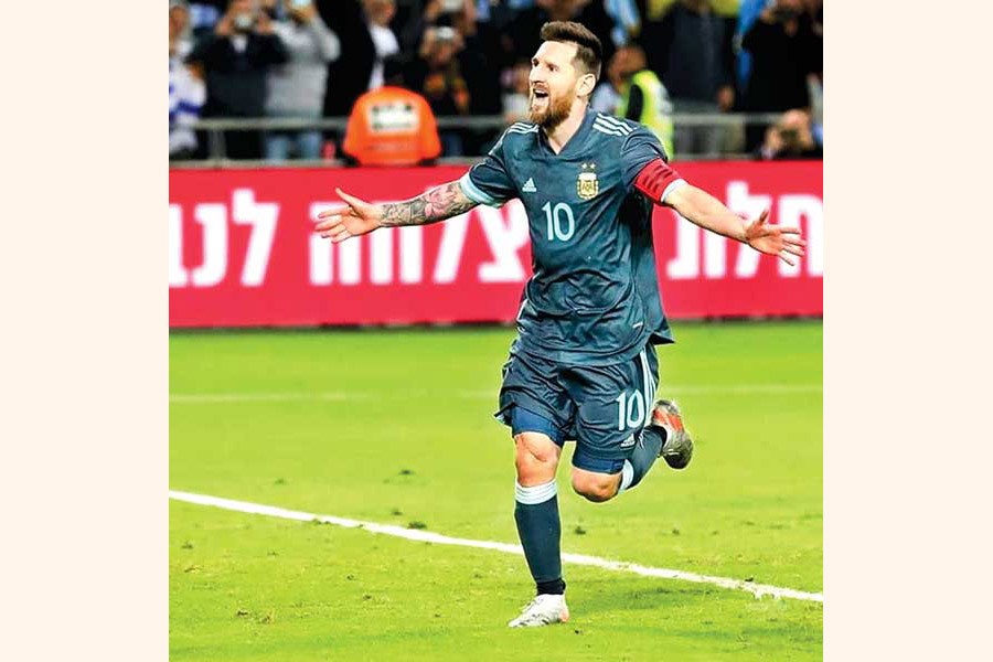 Argentina's Lionel Messi celebrating after scoring their second goal against Uruguay in the International Friendly at Bloomfield Stadium in Tel Aviv, Israel on Monday — Internet