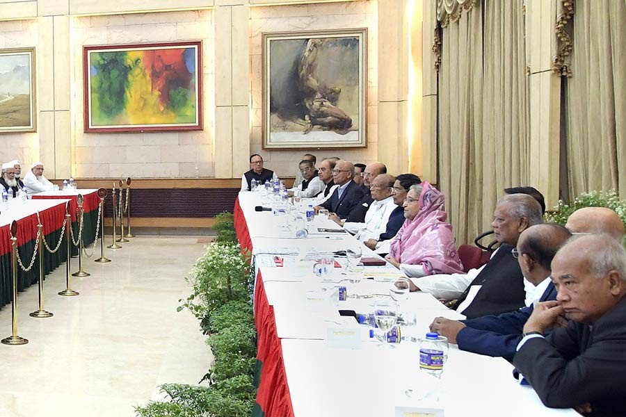 Prime Minister Sheikh Hasina addressing the meeting of Awami League National Committee at her official residence Ganabhaban on Wednesday. -PID Photo