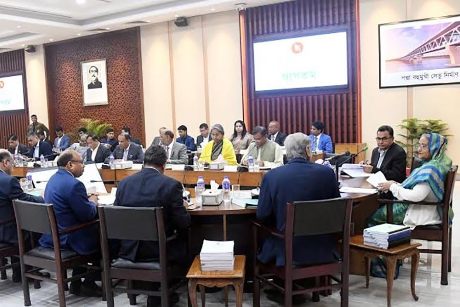 Prime Minister Sheikh Hasina presiding over the ECNEC meeting at the NEC Conference Room in the city’s Sher-e-Bangla Nagar area on Tuesday. -BSS Photo