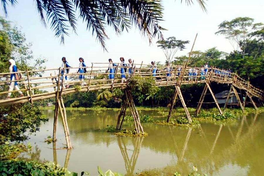 Some students crossing the Chitra river by using a bamboo bridge under Bagharpara upazila of Jashore district — FE Photo