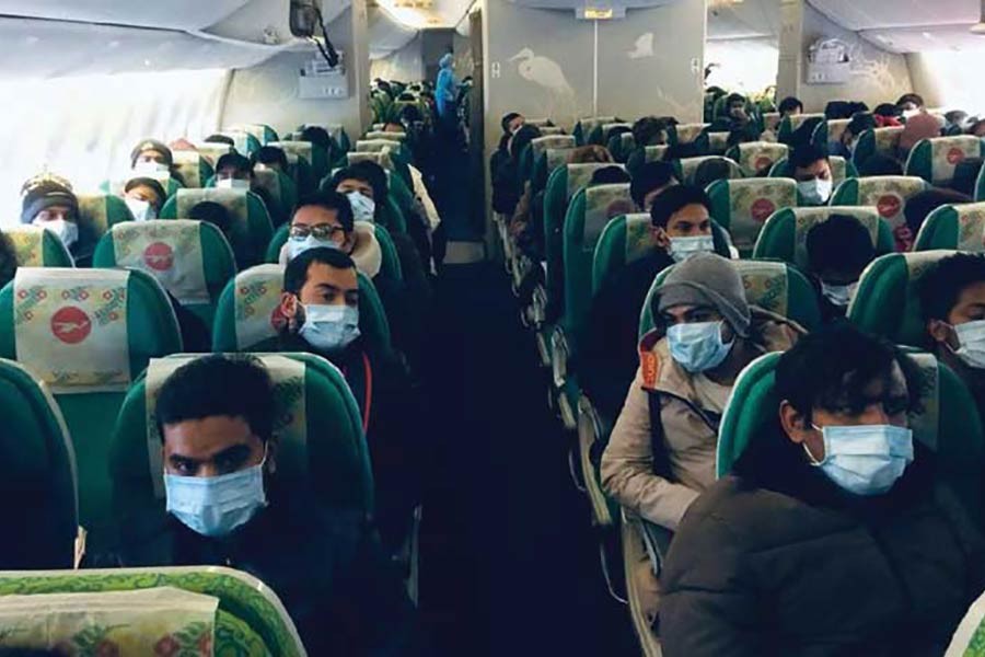 A special flight of Biman Bangladesh Airlines carrying the Bangladeshis landed at Hazrat Shahjalal International Airport at 11:53am.on Saturday, February 29. A total of 316 Bangladeshi citizens were brought back from China's Wuhan, the epicentre of the new coronavirus outbreak, and seven of them were sent to Kurmitola General Hospital. —UNB Photo