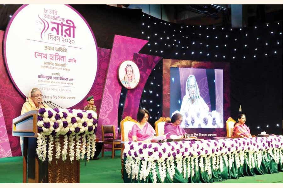 Prime Minister Sheikh Hasina speaks during an event marking the International Women's Day at Osmani Memorial Auditorium in Dhaka on Sunday, March 8, 2020. —Photo: Focus Bangla