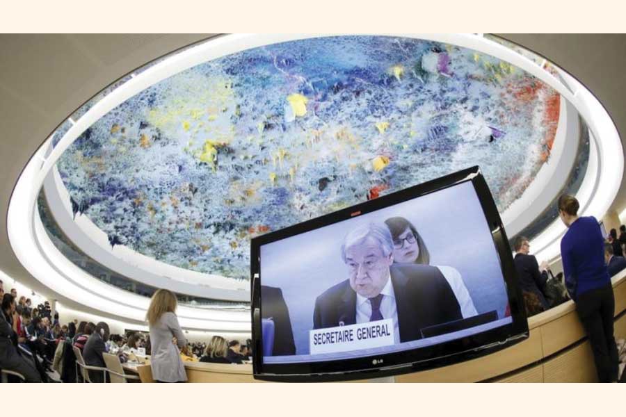 UN Secretary-General Antonio Guterres addresses the opening of the High-Level Segment of the 43rd session of the Human Rights Council, in Geneva, Switzerland on February 24, 2020: he issued a "call to action" to countries, businesses and all people to help renew and revive human rights across the globe, laying out a seven-point plan amid concerns about climate change, conflict and repression. —Photo. AP