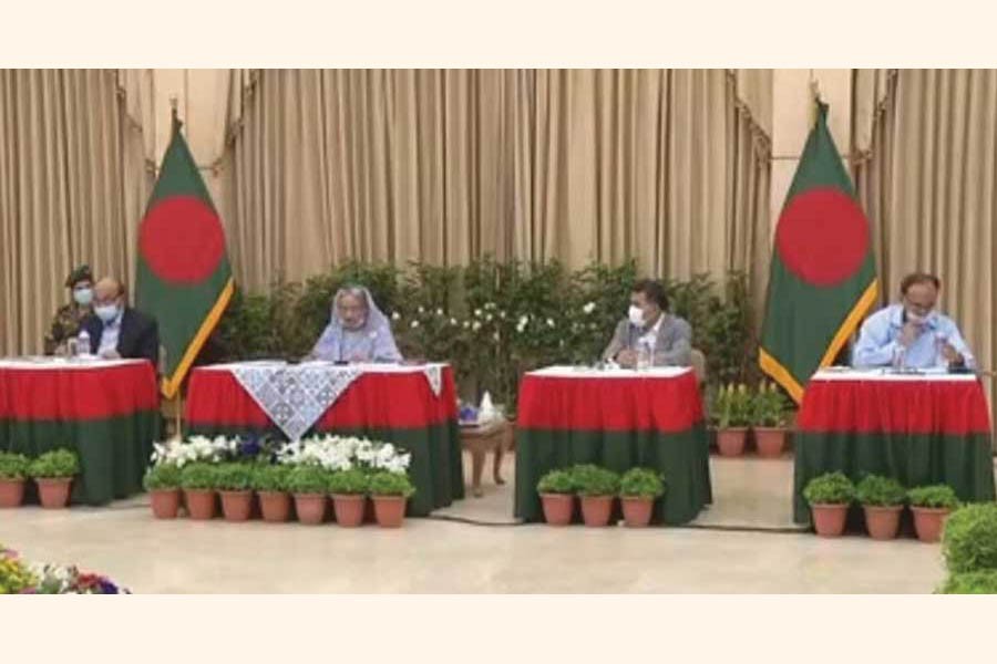Prime Minister Sheikh Hasina announces a Tk 727.50-billion stimulus package to cushion the impact of the Covid-19 pandemic in a media briefing televised live from her official residence Ganabhaban on April 05, 2020. —Photo: bdnews24.com