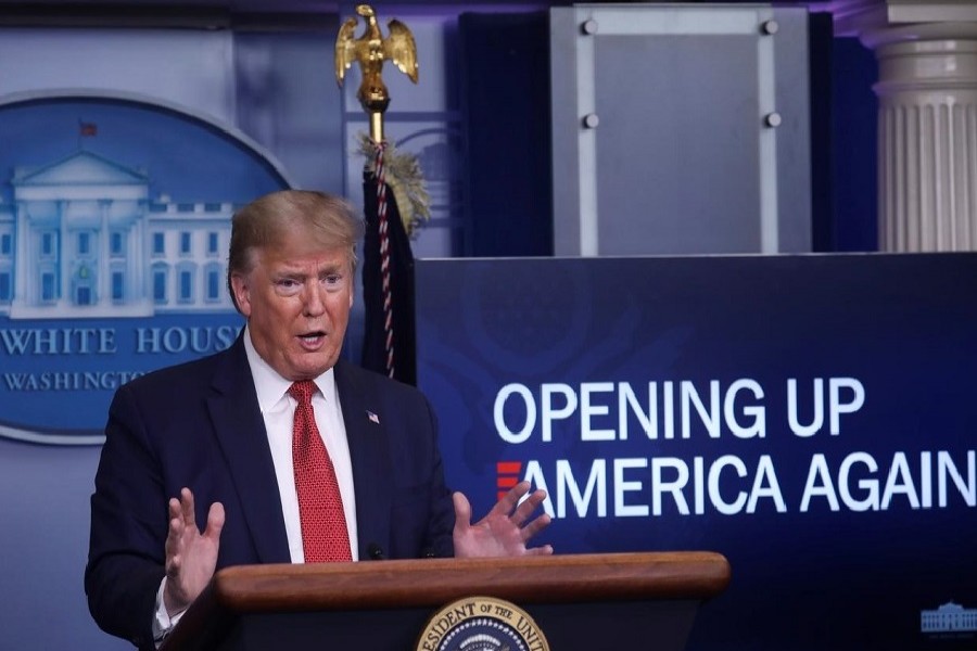 US President Donald Trump answers questions about his administration's plans for "Opening Up America Again" during the daily coronavirus task force briefing at the White House in Washington, US, April 16, 2020. — Reuters
