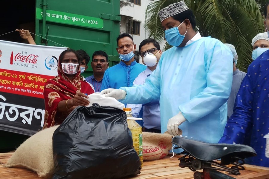 Elias Uddin Mollah, MP of Dhaka-16 constituency attended the ration distribution programme as chief guest