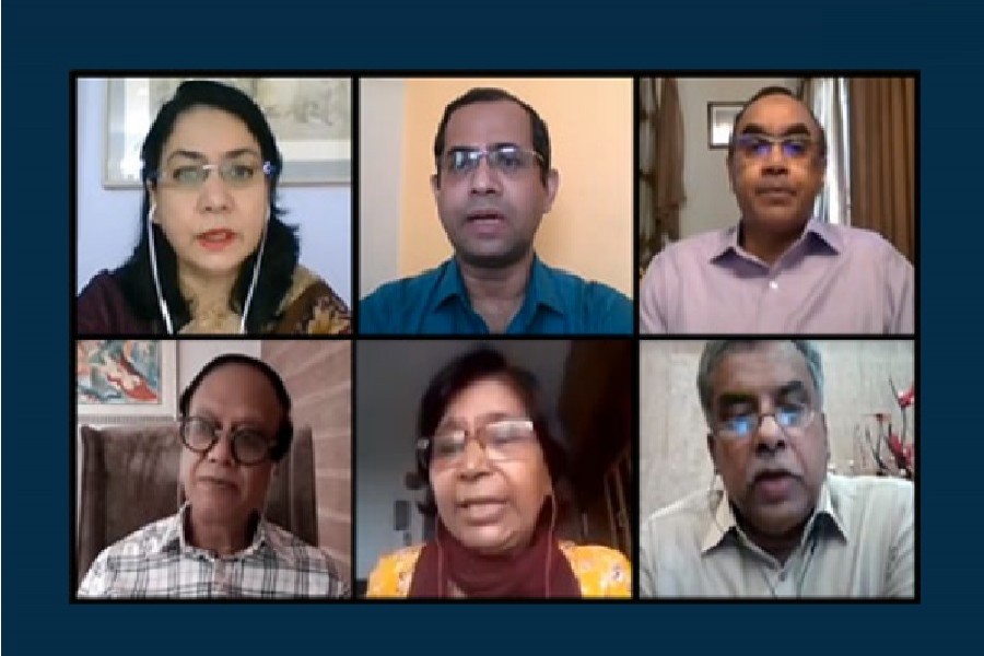 Discussants at a virtual dialogue organised by Centre for Policy Dialogue. — FE Photo