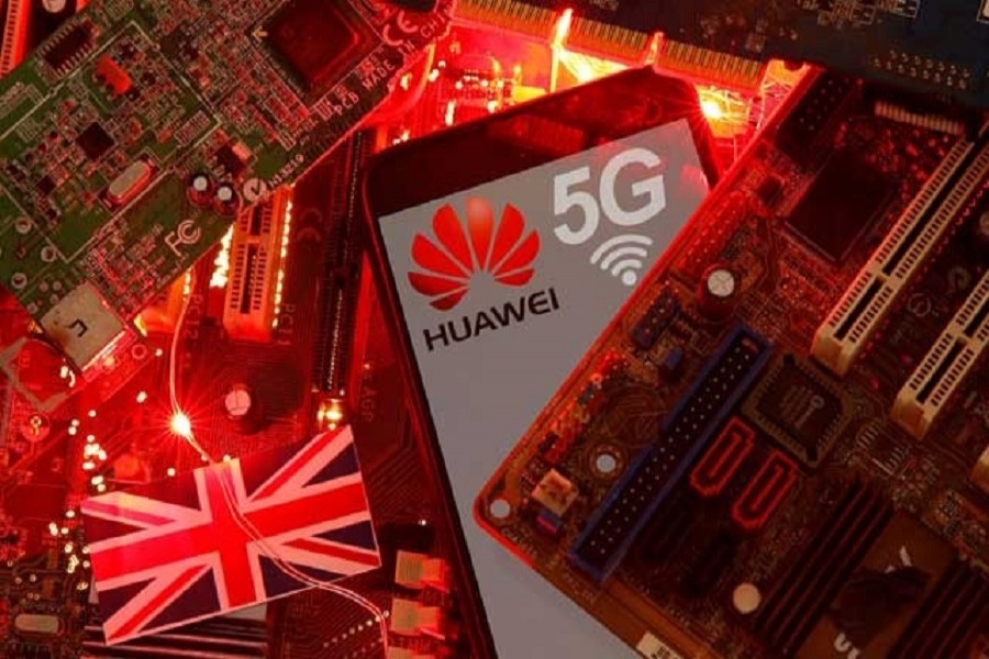 The British flag and a smartphone with a Huawei and 5G network logo are seen on a PC motherboard in this illustration picture taken January 29, 2020 — Reuters/Files