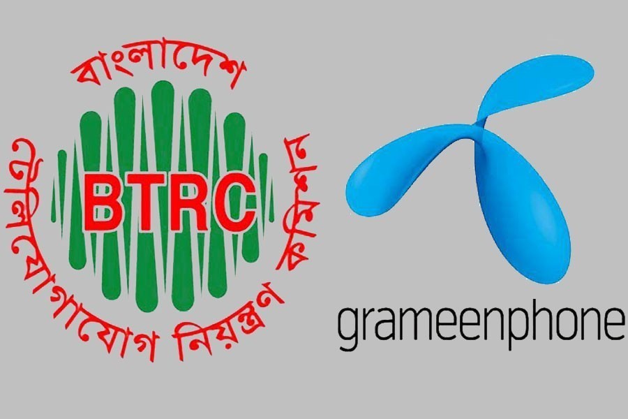 The logos of Bangladesh Telecom Regulatory Commission and Grameenphone are seen in this photo collage