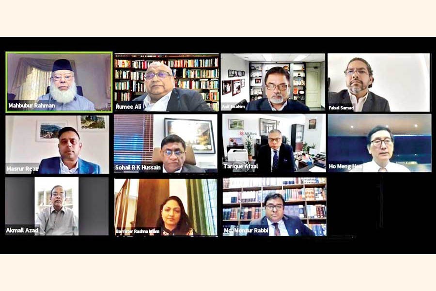 Bangladesh International Arbitration Centre (BIAC) Chairman Mahbubur Rahman (top, left) and other distinguished speakers take part in a webinar on "Risk Management during COVID-19: How an Alternative Dispute Resolution Clause can strengthen and protect banks and the RMG sector?'' organised by the BIAC recently