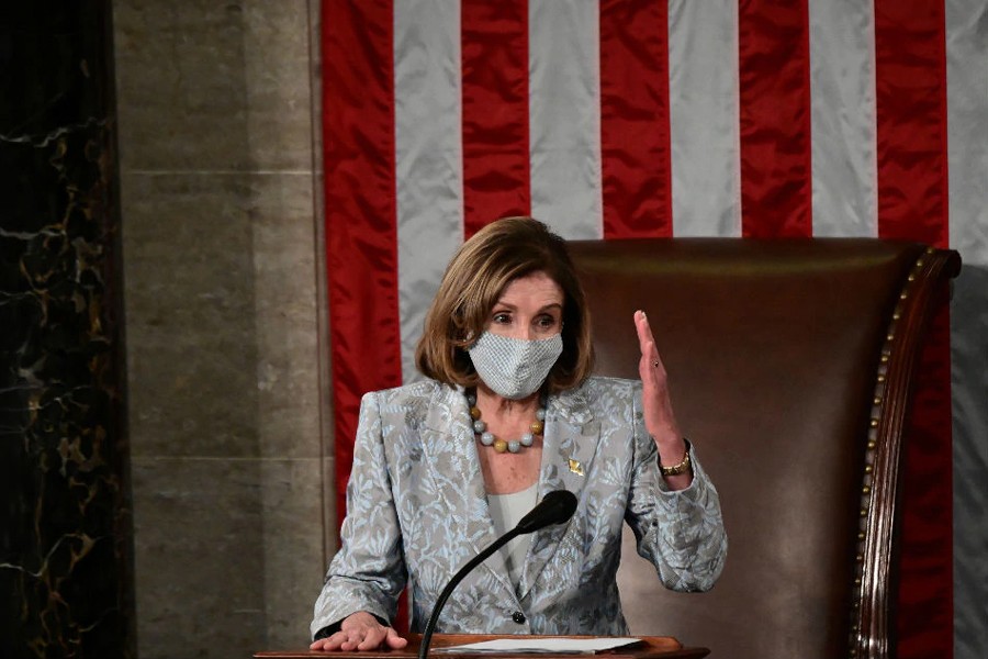 Speaker of the US House Nancy Pelosi gestures towards the members as she addresses the first session of the 117th Congress on the heels of taking her oath of office after she was reelected Speaker on Capitol Hill in Washington, US on January 3, 2021 — Pool via Reuters