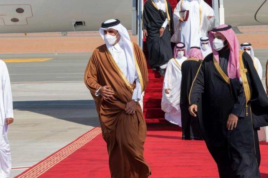 Saudi Arabia's Crown Prince Mohammed bin Salman receiving Qatar's Emir Sheikh Tamim bin Hamad al-Thani upon his arrival to attend the Gulf Cooperation Council's (GCC) 41st Summit in Al-Ula, Saudi Arabia on Tuesday –Reuters photo