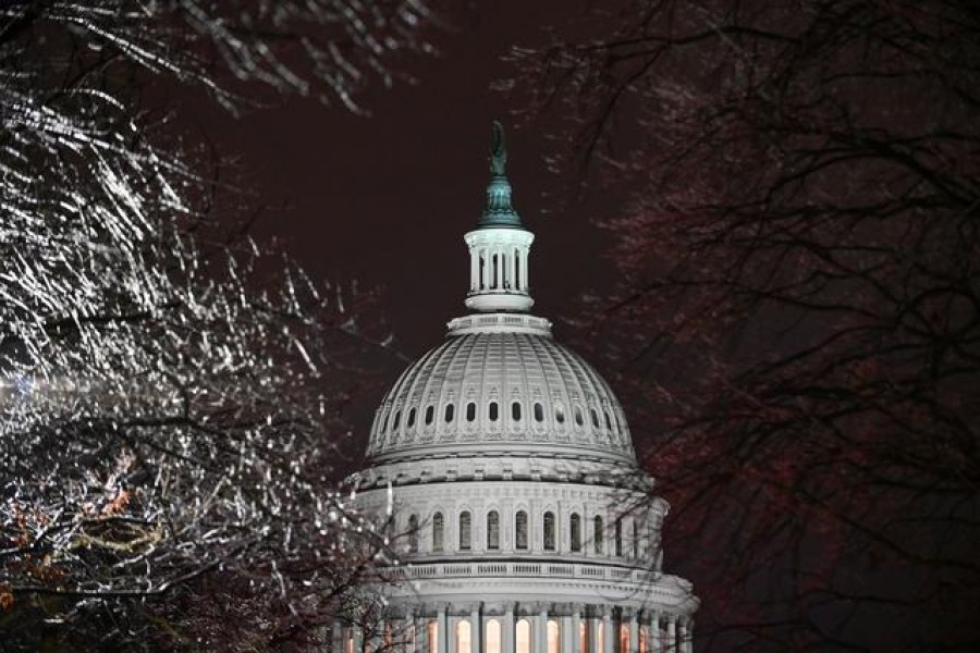The US Capitol is seen through ice-covered tree branches after the Senate voted to acquit former US President Donald Trump during his impeachment trial, in Washington, US, February 13, 2021. REUTERS/Erin Scott