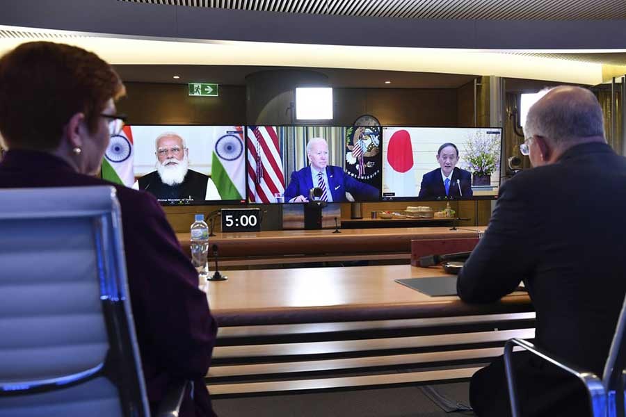 Australia's Prime Minister Scott Morrison, right, and Minister for Foreign Affairs Marise Payne, left, participate in the inaugural Quad leaders meeting with US President Joe Biden, the Japan's Prime Minister Yoshihide Suga and India's Prime Minister of India Narendra Modi in a virtual meeting on Saturday -AP Photo