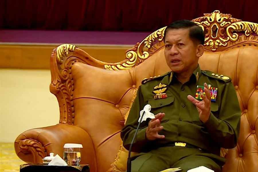 A screen grab from Myanmar state television shows General Min Aung Hlaing speaking during a meeting in February this year –Reuters file photo