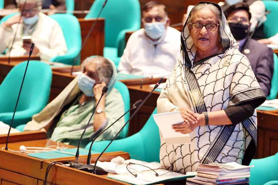 Prime Minister Sheikh Hasina taking part in a discussion on a condolence motion in the parliament on Wednesday –PID Photo