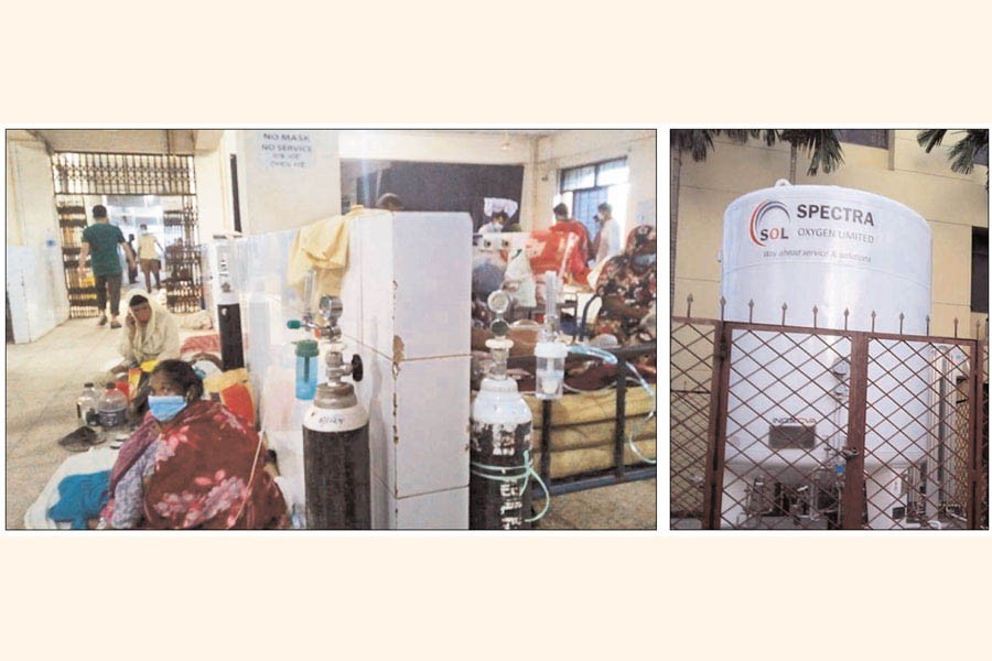 Corona patients are on the floor at Chandpur General Hospital (left), liquid Oxygen Plant on the hospital premises (right) — FE Photos