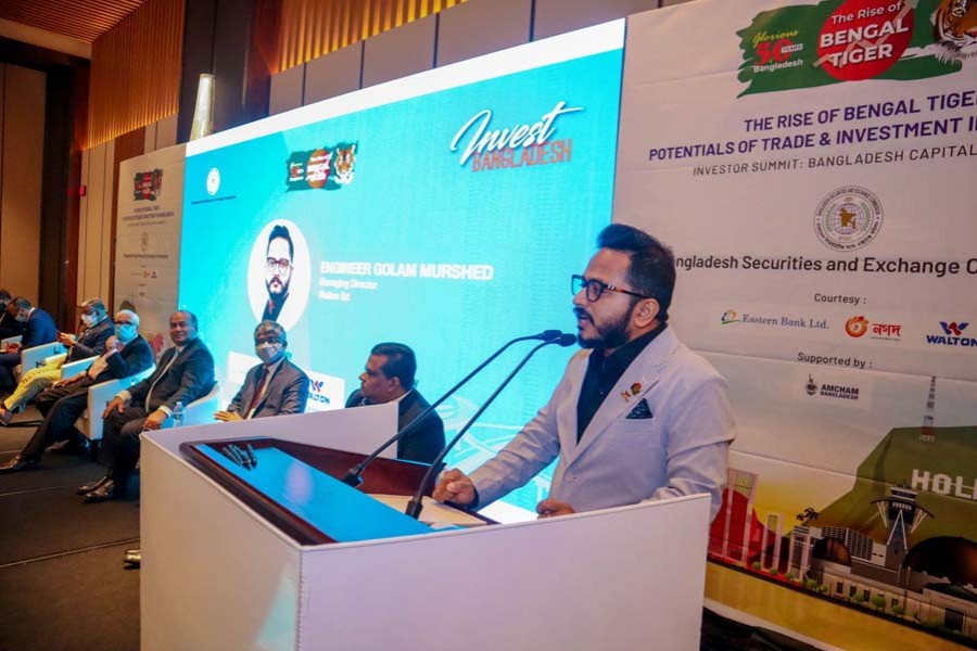 Walton Hi-Tech Industries Limited Managing Director Golam Murshed delivering speech during the vote of thanks session at the third phase of the USA roadshow at the Inter Continental Los Angeles Downtown