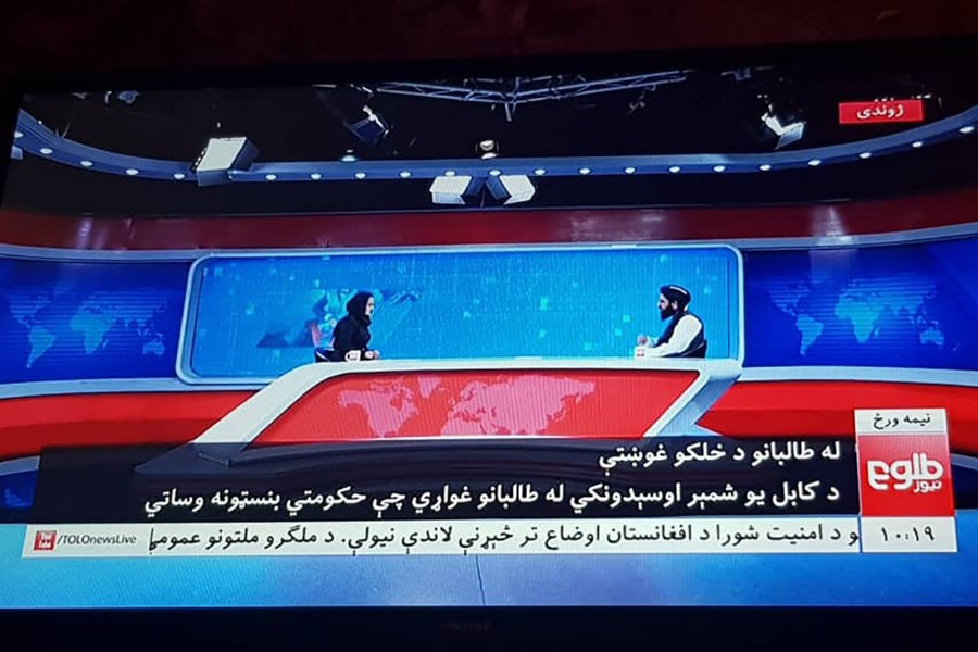Beheshta Arghand interviewing Taliban spokesperson Mawlawi Abdulhaq Hemad on Tolo News on Tuesday. Courtesy: Tolo News